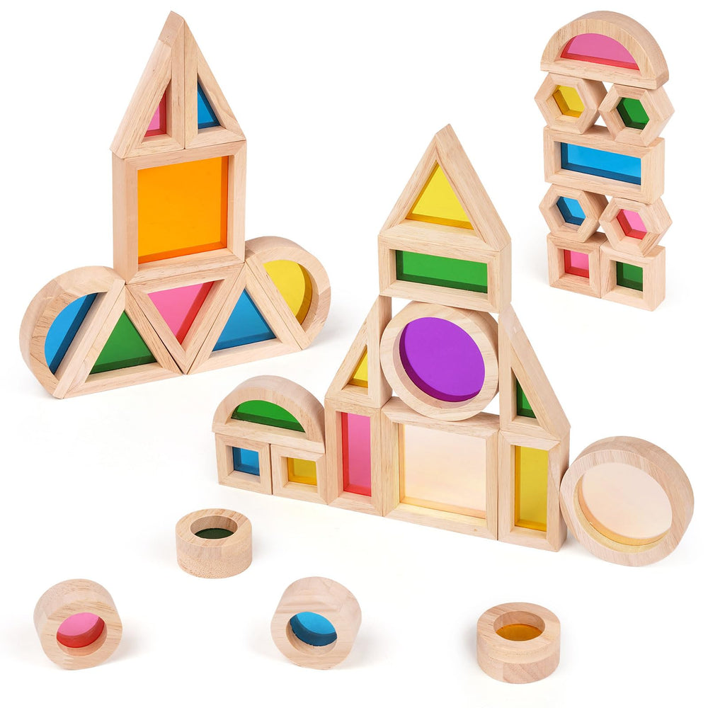 Agirlgle color-recognition blocks support early learning with bright hues.