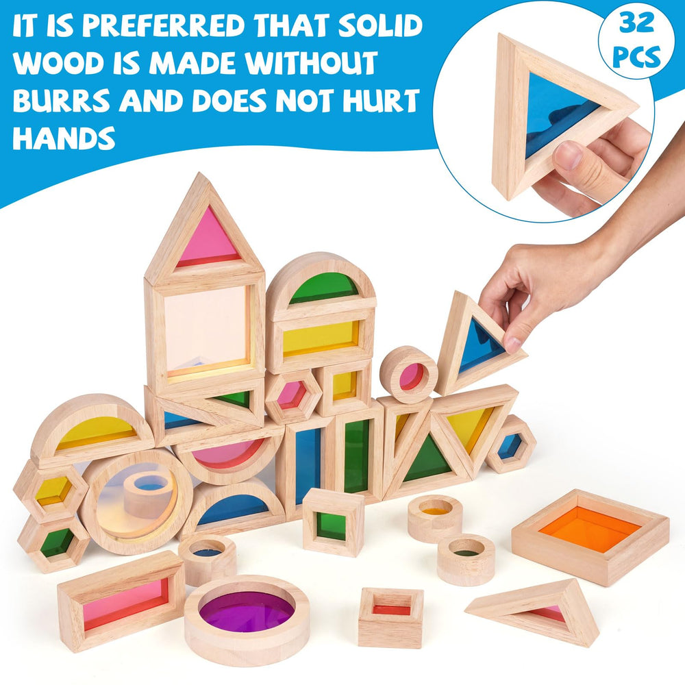 Agirlgle rainbow blocks demonstrate light transmission for colorful, captivating playtime.