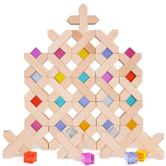 Agirlgle rainbow cubes assembly shows bright pieces encouraging color recognition and cooperative play.