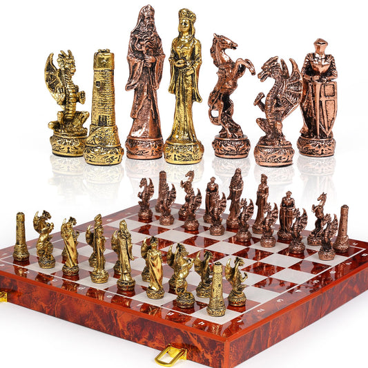 Agirlgle vintage chess set metal pieces displayed for collectors and display