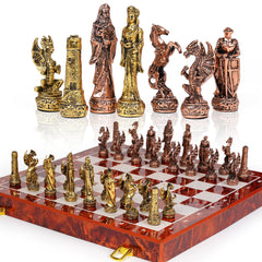 Agirlgle vintage chess set metal pieces displayed for collectors and display