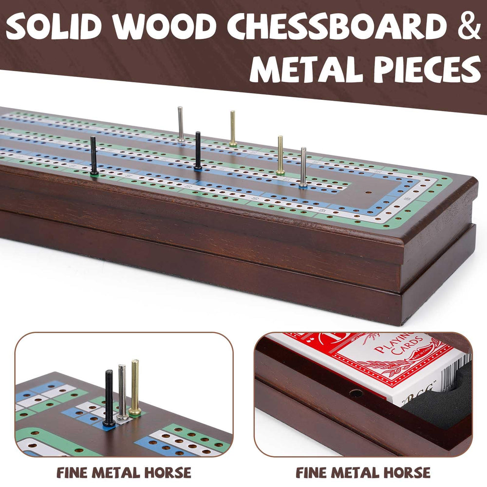 Agirlgle wooden cribbage board shows storage drawer for cards and pegs.