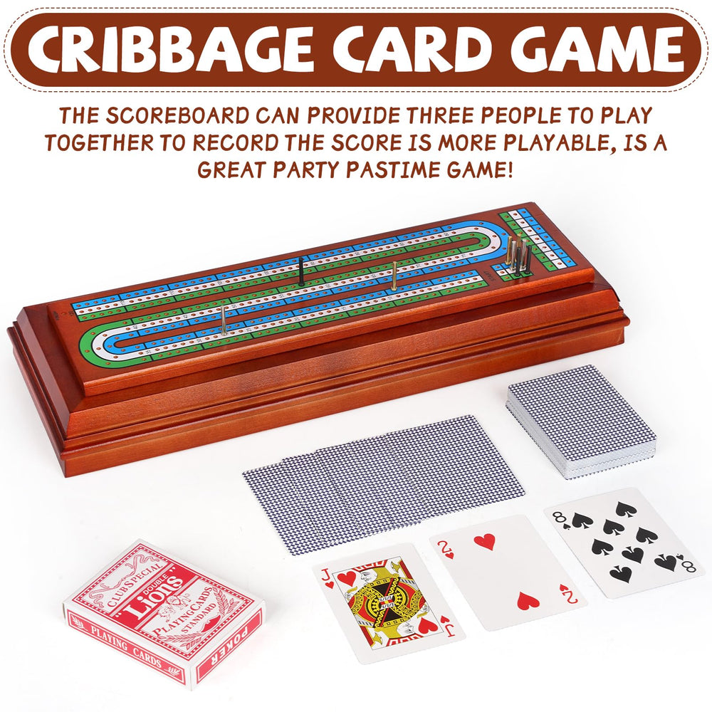 Agirlgle wooden cribbage board storage-drawer keeps cards and pegs organized for quick setup.