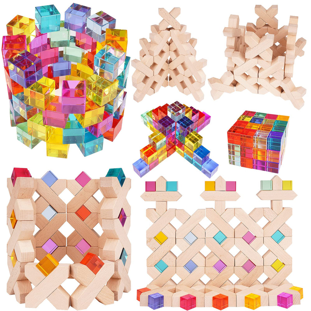 Agirlgle wooden rainbow blocks cubes in vibrant colors for imaginative stacking and fine motor practice.