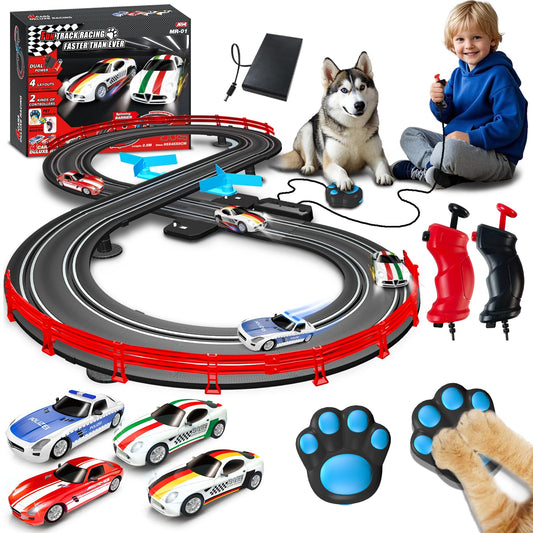 AGM MASTECH slot car track full set overview showing track and cars for family racing fun