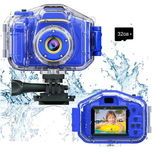 Agoigo Kids Waterproof Camera front view, compact and travel-ready for adventures.