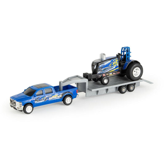 Agriculture New Holland Blue Barracuda pulling tractor close-up showcasing die-cast realism for play