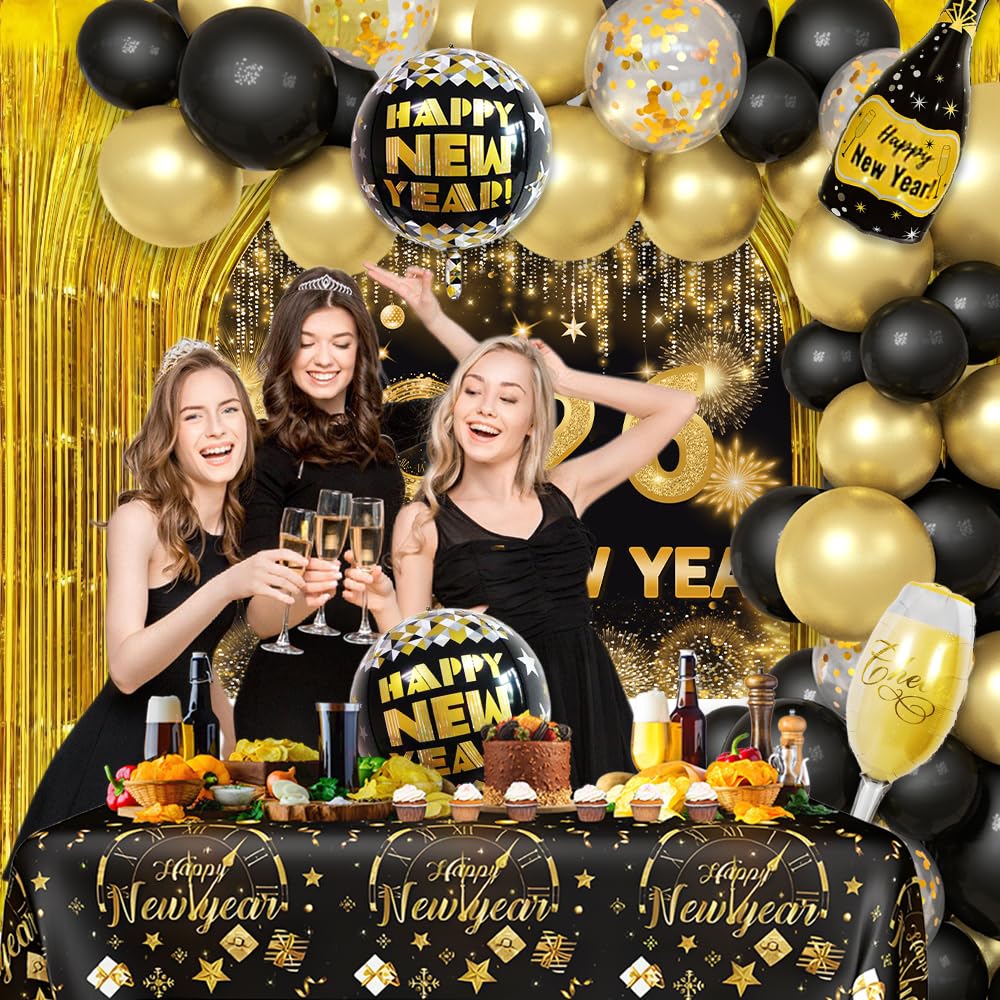AIBIIN black-gold tablecloth grounds the party decor elegantly.