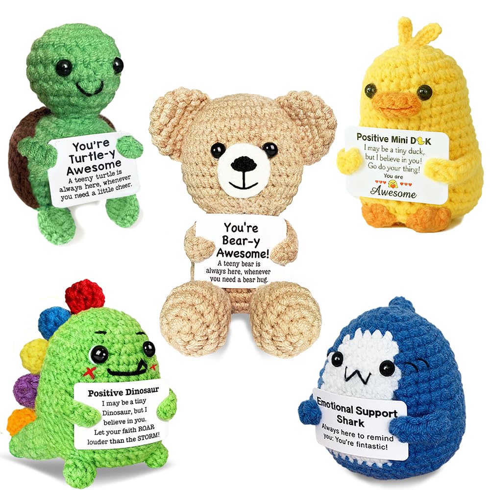 AicooFest bear crochet animal with positive message card for desk decor.