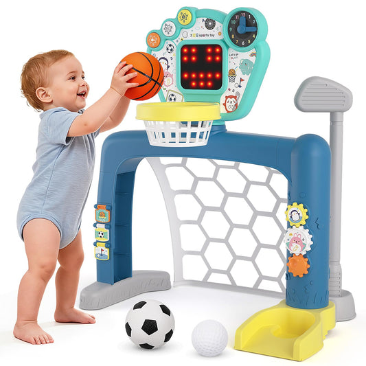 AIGIMU 3-in-1 toddler sports toy basketball hoop for budding gamers and coordinated play.