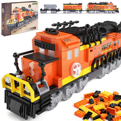 AIGIMU City Train Set assembly view showing realistic BNSF freight train design for STEM learning.