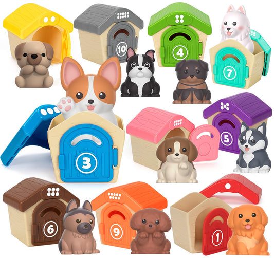 Aigybobo Puppy Finger Puppets with color-coded kennels for toddlers.