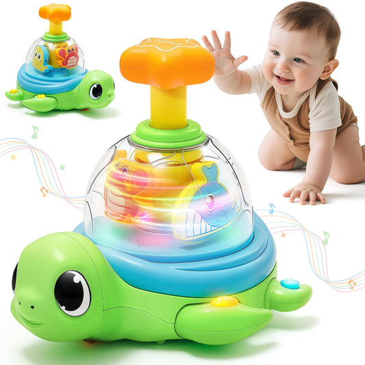 Aigybobo turtle toy shell spin glow encourages curiosity during exploratory play.