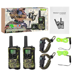 Durable green camo casing on Aikmi walkie talkies for rugged use.