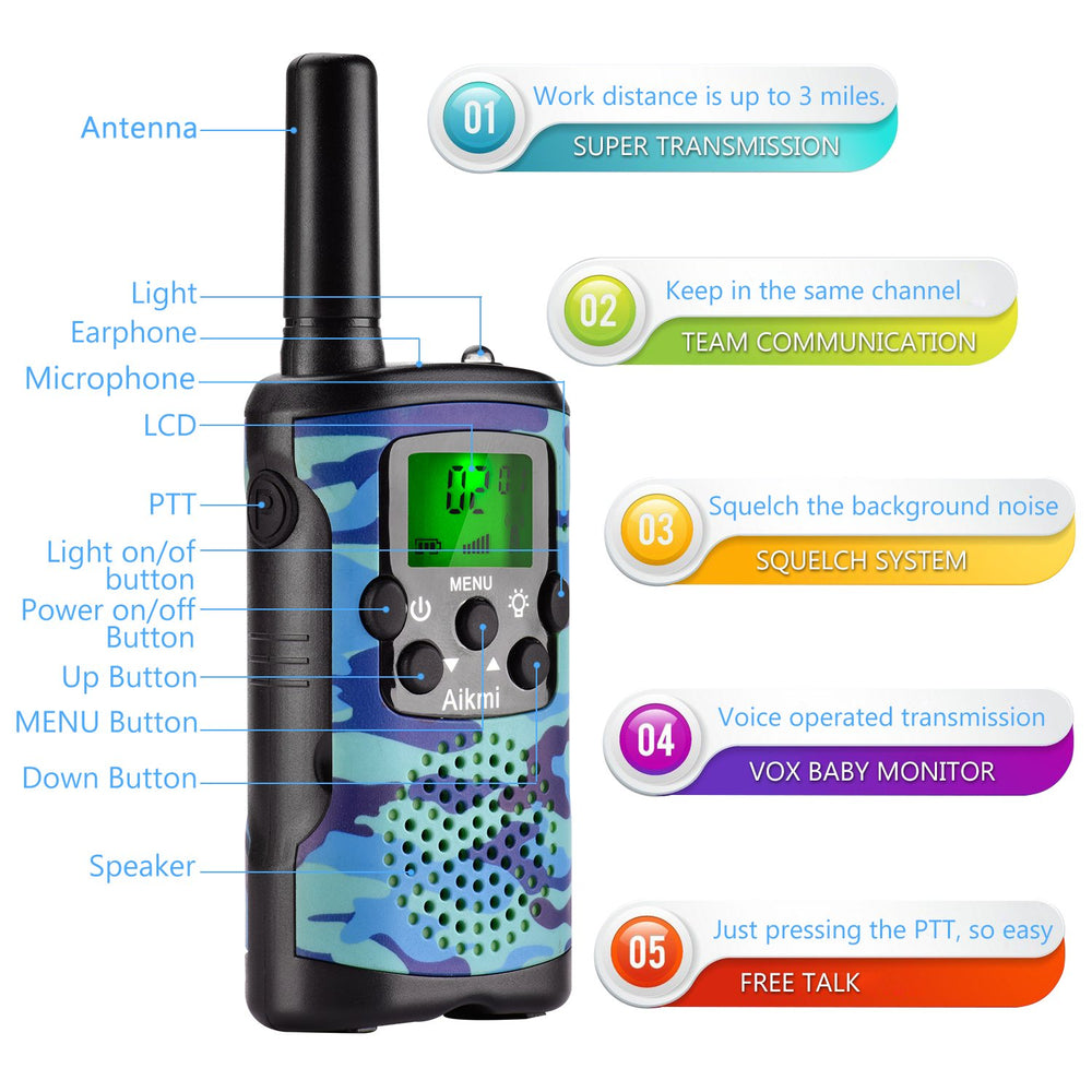Aikmi kid-friendly walkie talkie with 3-mile range for camping