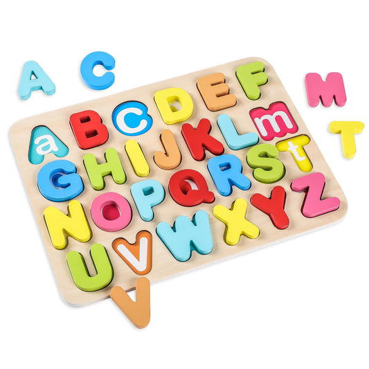 AILE wooden alphabet puzzle board with chunky pieces for easy grasp.