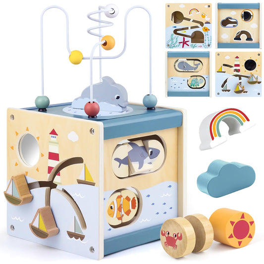 Airlab wooden activity cube with bead maze stimulates fine motor skills
