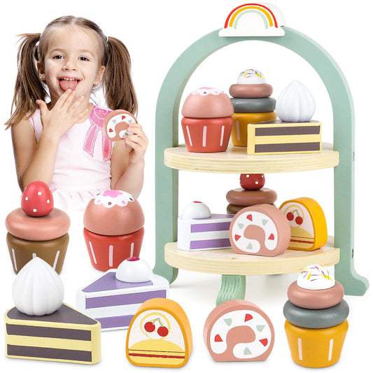 Airlab wooden cupcake stand enhances imaginative tea party play and fine motor skills