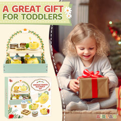 Airlab wooden tea set in a bright playroom corner adds charm.