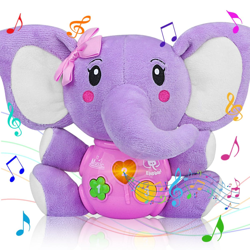 Aitbay plush elephant music toy in soft purple fabric for gentle baby play
