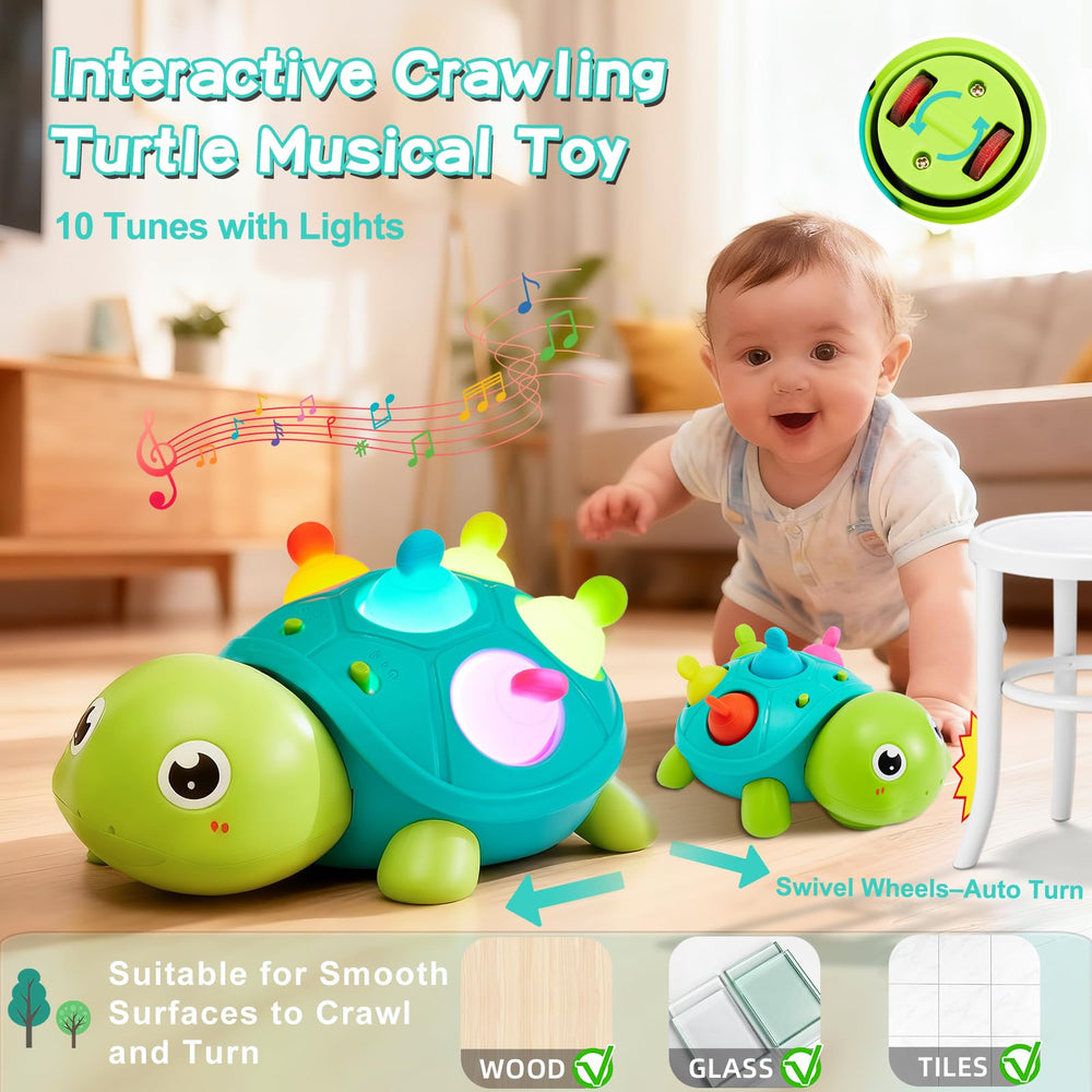 AiTuiTui turtle with lights and music display promotes sensory engagement during play.