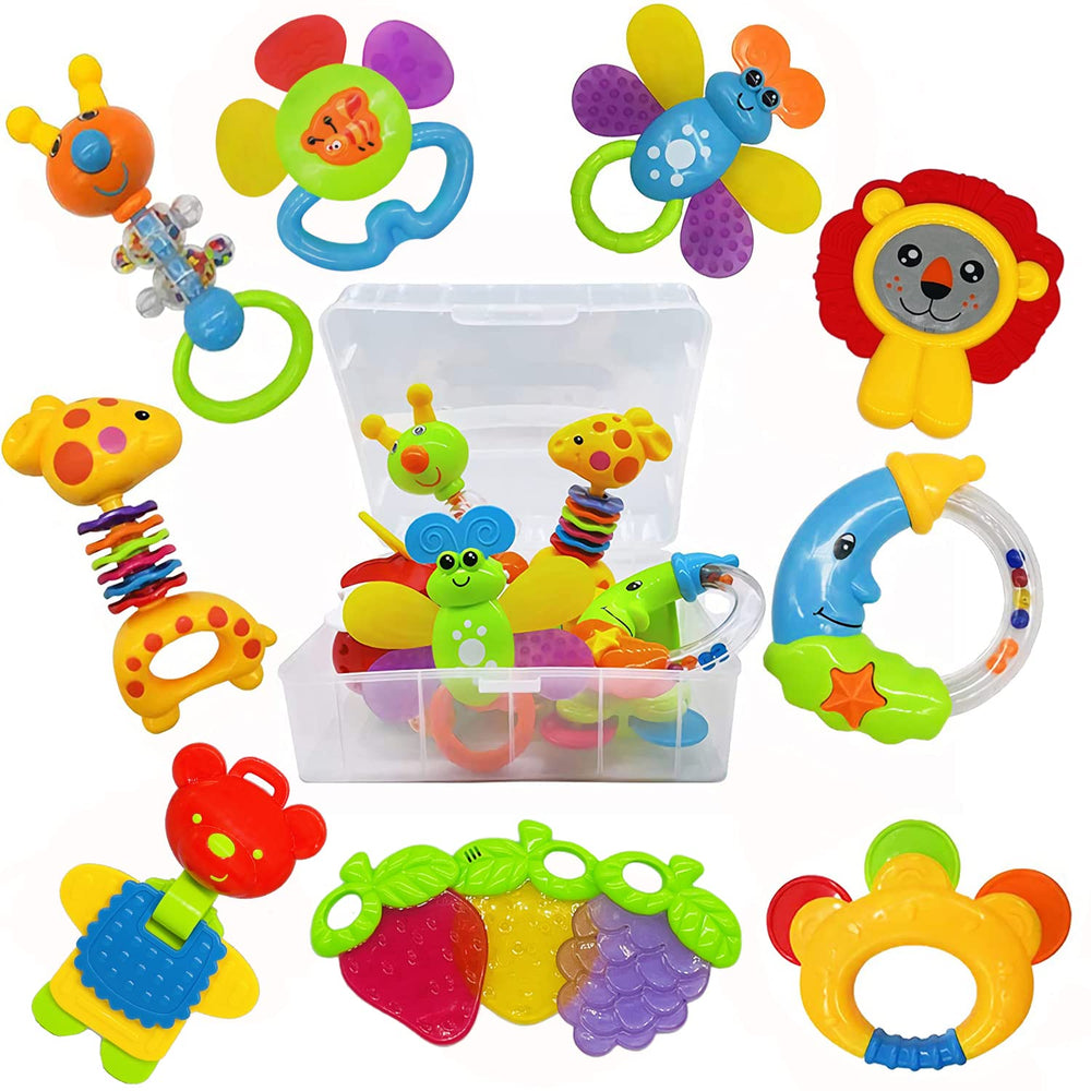 AIVIAI Baby Toys 11pcs storage box keeps rattles organized for easy travel.
