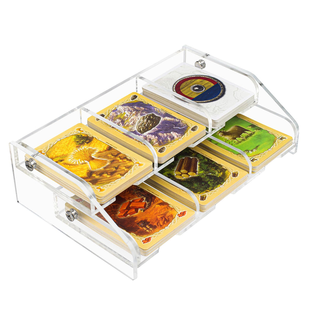 Aizesuro 2-shelf clear acrylic card tray fitting sleeved Catan cards on game night