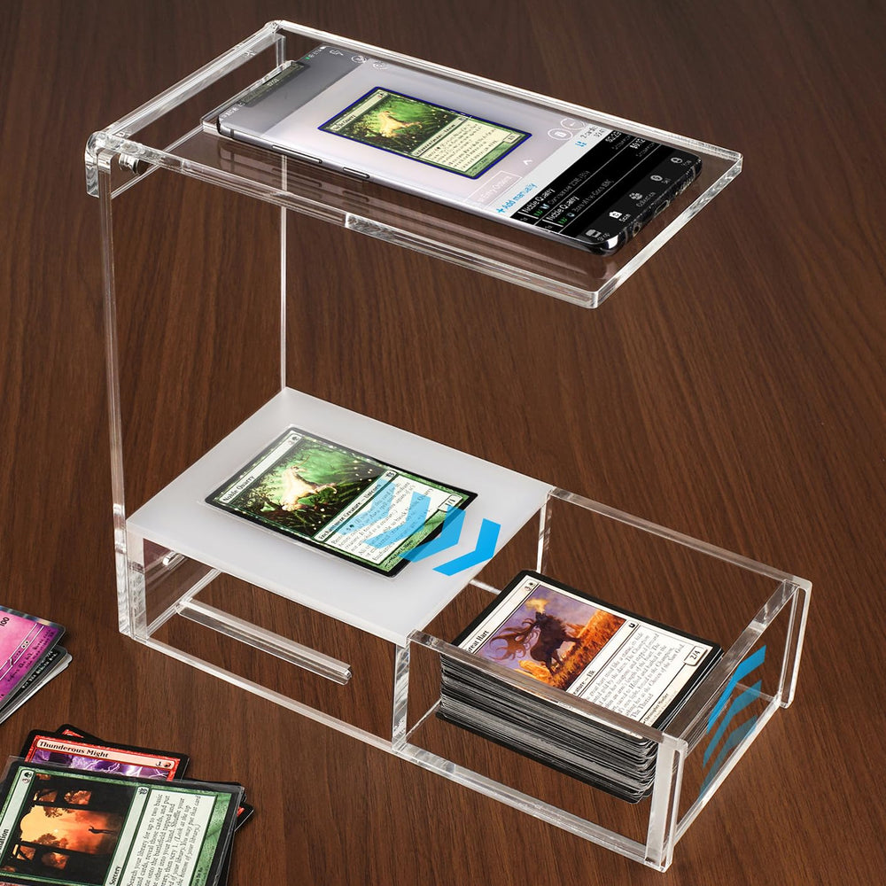 Aizesuro clear acrylic sleeved scanstand front view for stable MTG card scanning.