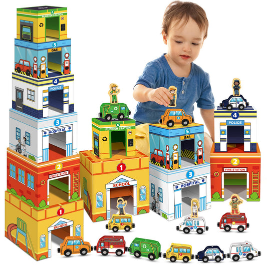 Aizweb magnetic wooden vehicle stacking set with magnets promotes imaginative building and fine motor skills.