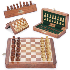 Ajuny acacia wood magnetic travel chess board in polished finish for on-the-go play