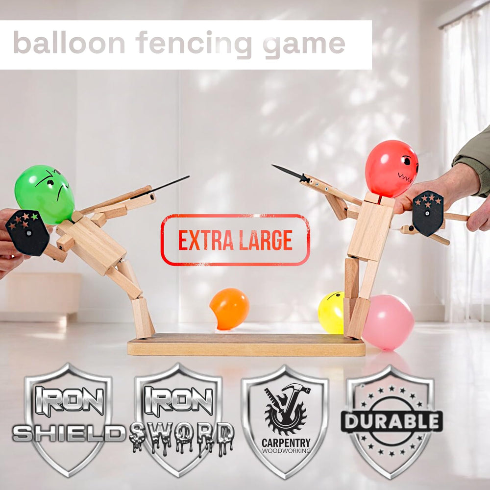 Akargol XL wooden bots duel with balloons, inviting competitive play in outdoor spaces.