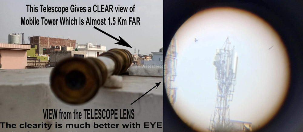 ALADEAN brass telescope DF lens close-up shows high-resolution optics.