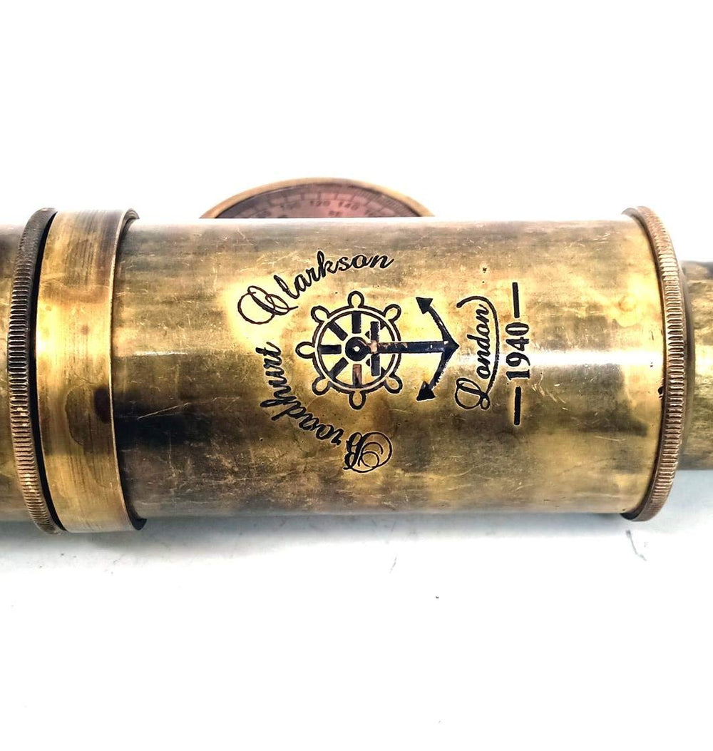 ALADEAN ornate brass-detail on the telescope emphasizes antique style.
