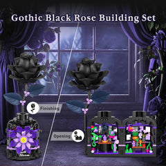 Alagoo black rose building pieces mid-build showing adjustable petals and leaves.