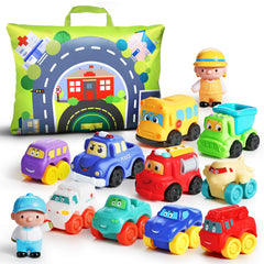 ALASOU 12-piece soft rubber car toys with playmat for imaginative toddler play
