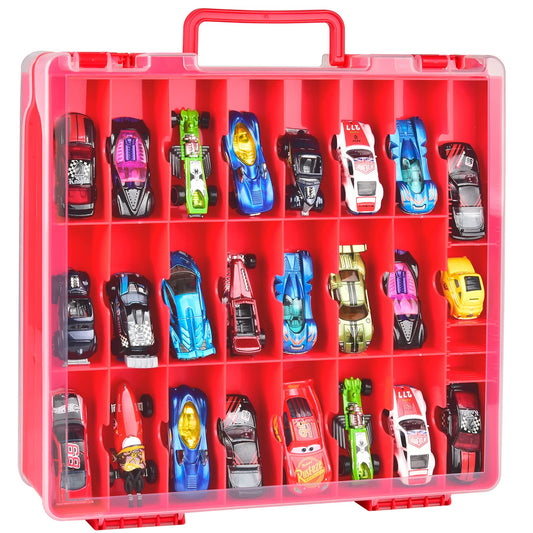 ALCYON double sided toy storage case with 24 compartments per side keeps collections tidy