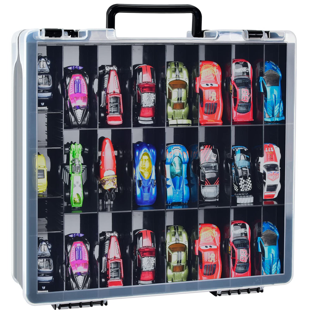 ALCYON double-sided storage case front view with 24 compartments per side for cars.