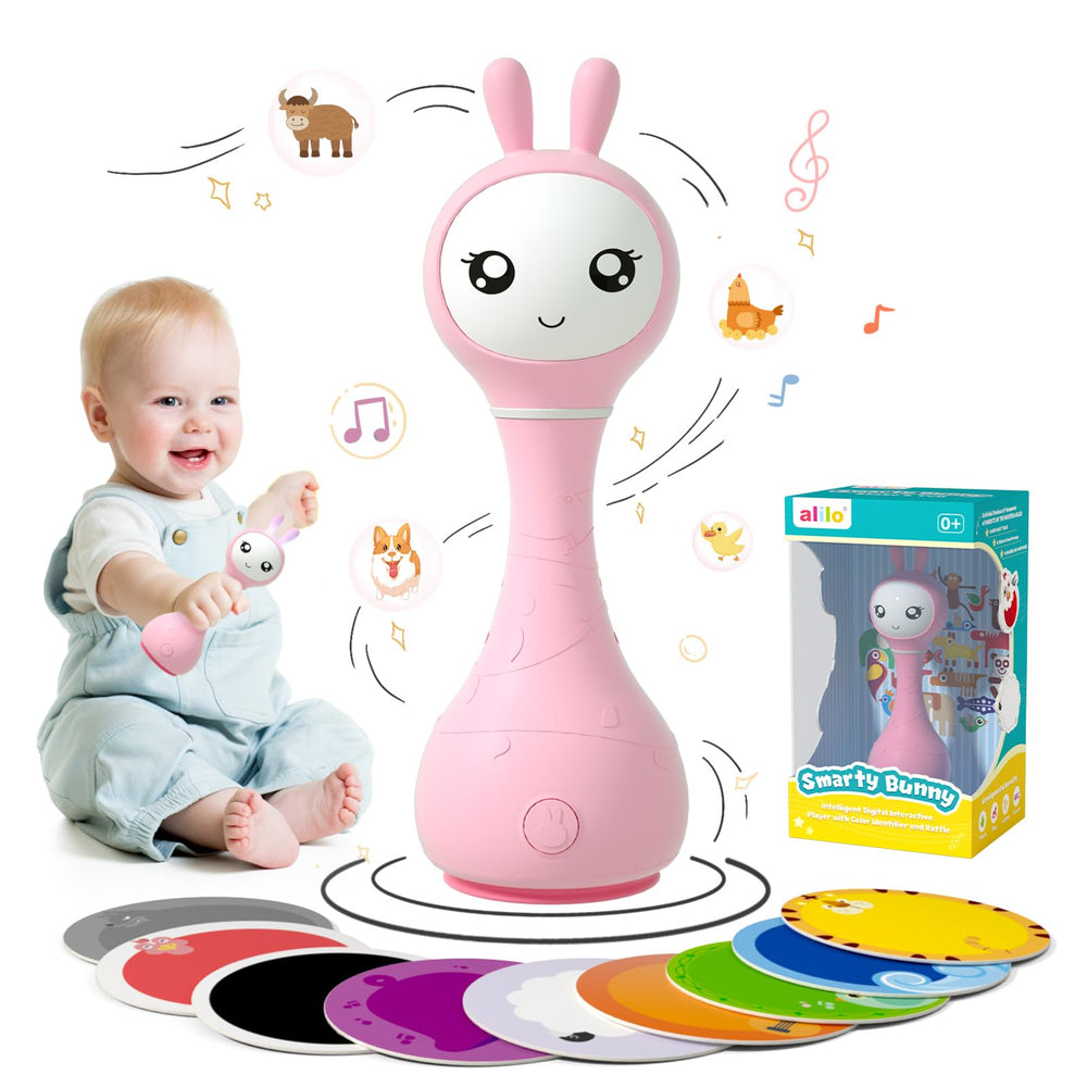 alilo Smarty Bunny rattle front view engaging baby with gentle sounds for soothing play