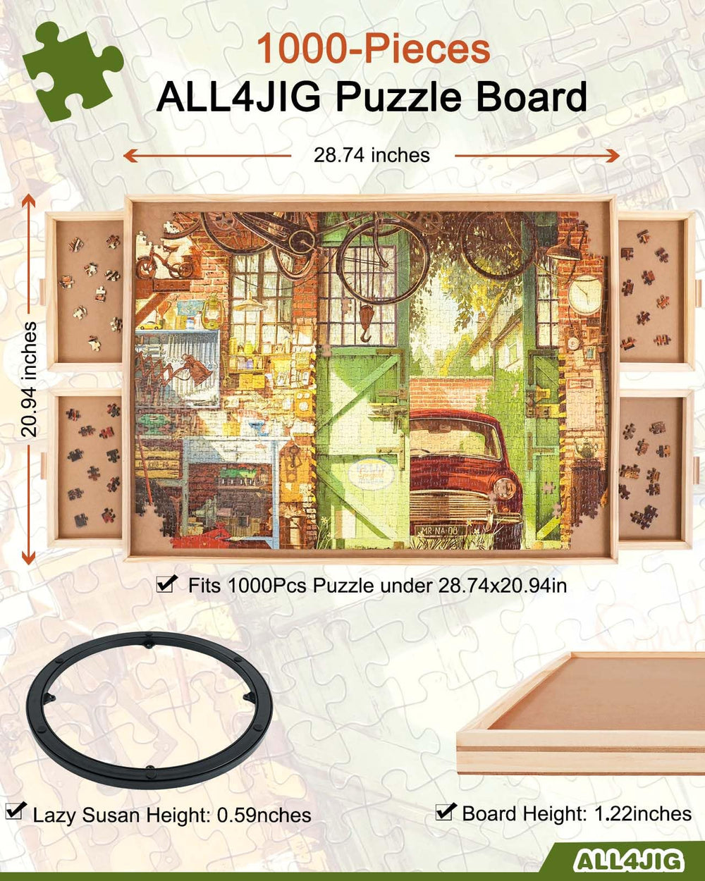 ALL4JIG puzzle table with Lazy Susan spin for easy access from every angle.