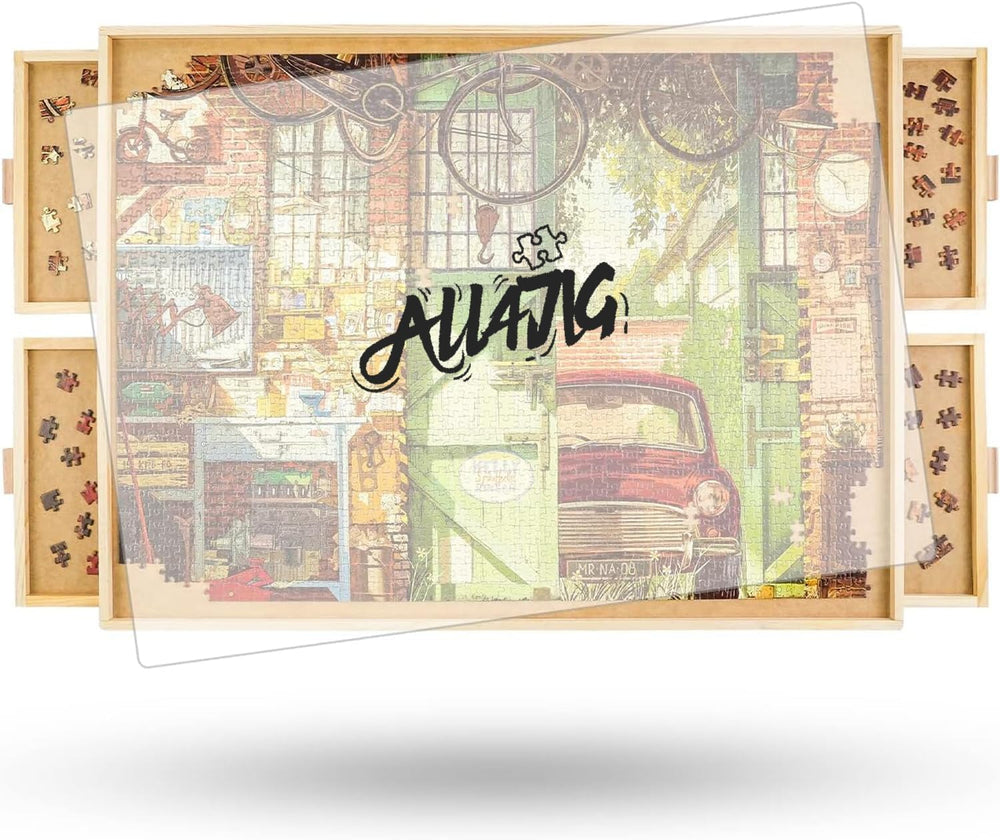 ALL4JIG rotate puzzle board with four drawers keeps pieces organized during assembly.