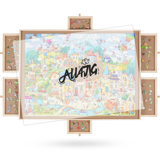 ALL4JIG rotating puzzle board with six drawers for organized piece sorting.
