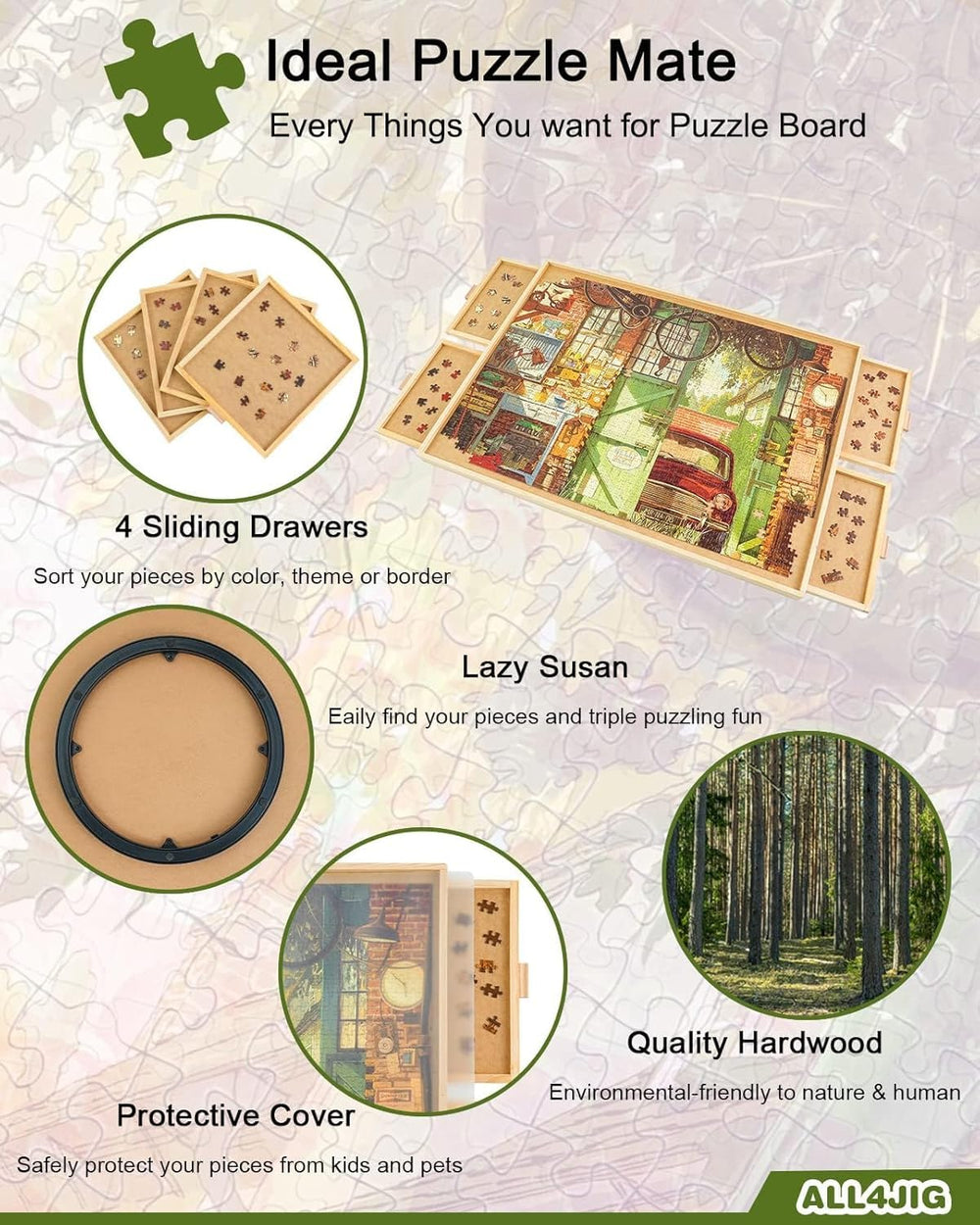 ALL4JIG wooden puzzle surface provides a durable work area for adults.