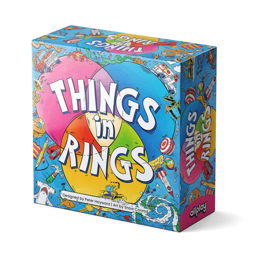 Allplay Things in Rings board game box on table inviting quick social play.