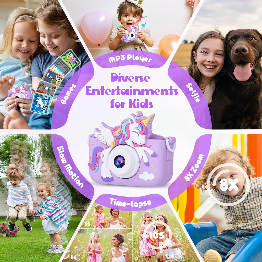 Alotwan Kids Camera Unicorn includes 32GB card for abundant photo storage.