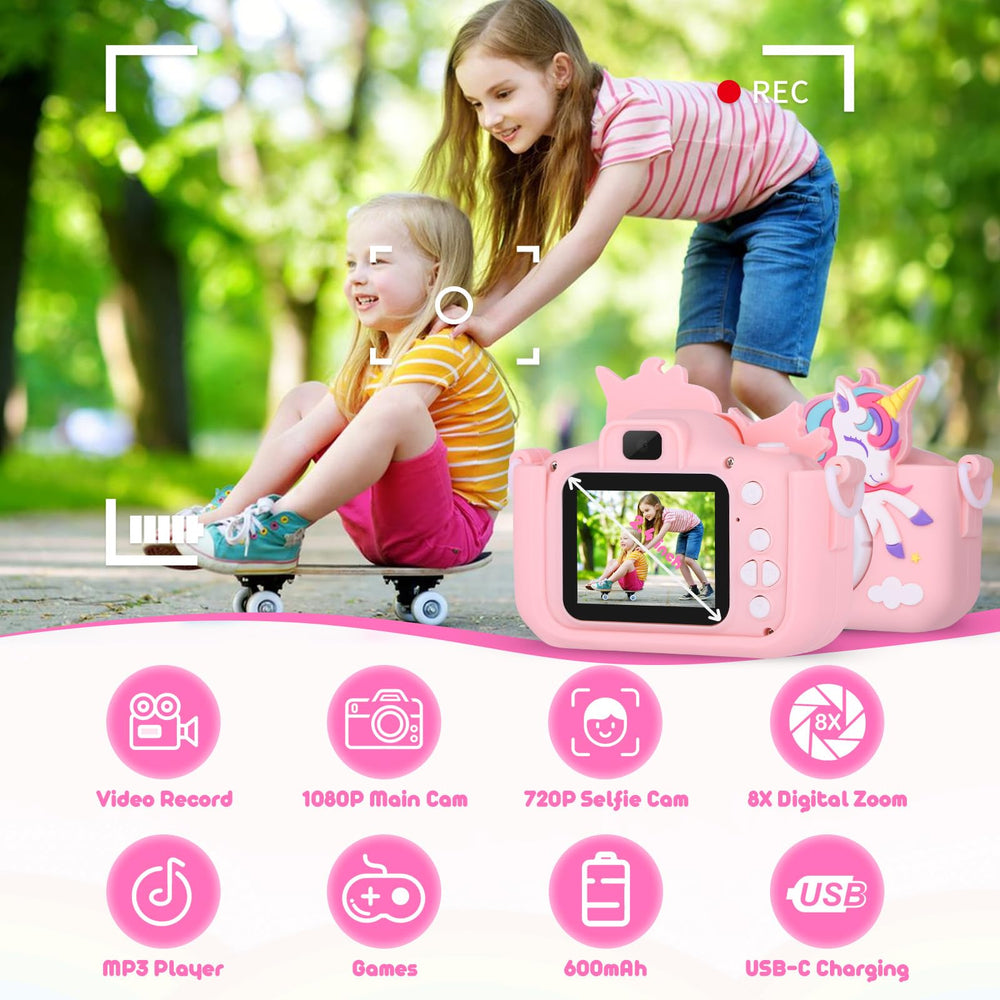 Alotwan unicorn kids camera pink side view highlighting lightweight design