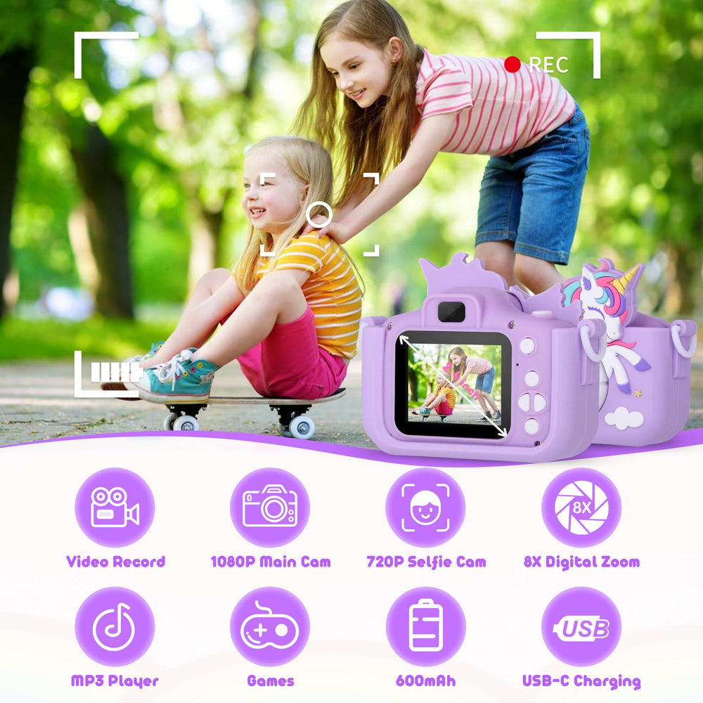 Alotwan Kids Camera Unicorn side view, lightweight design ideal for toddlers on the go.
