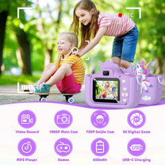 Alotwan Kids Camera Unicorn side view, lightweight design ideal for toddlers on the go.
