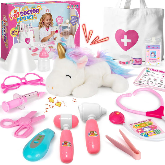 Alritz Unicorn Doctor Kit setup showing organized pretend play tools for kids