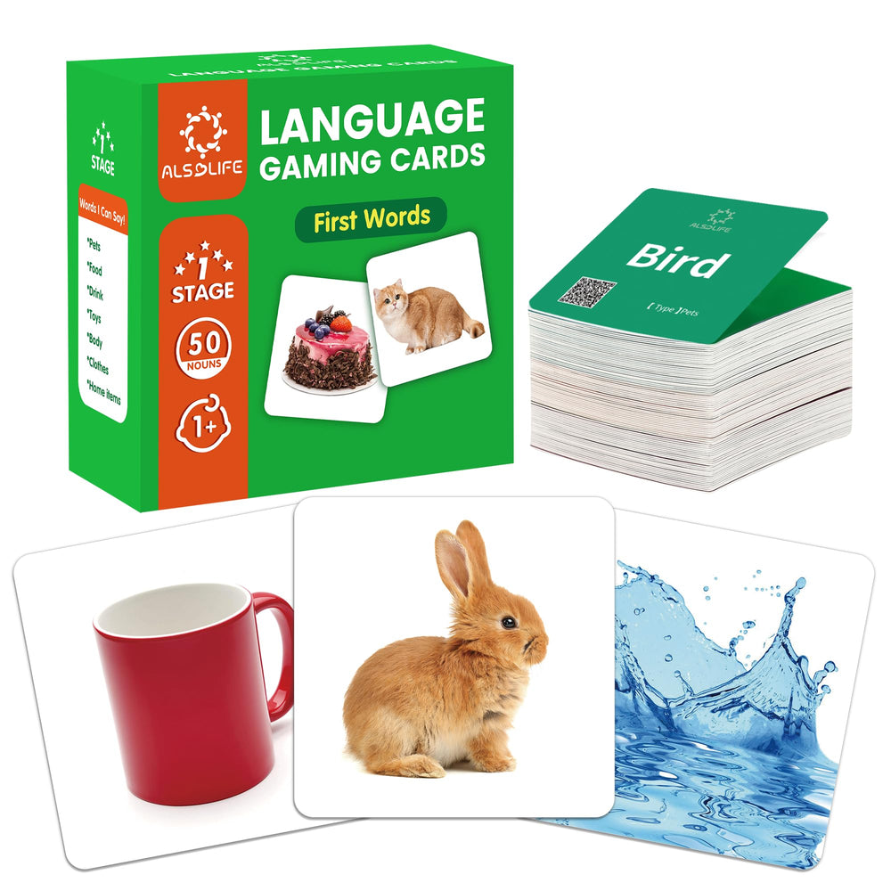 ALSOLIFE 50 First Words flash card featuring a dog image for early language practice.