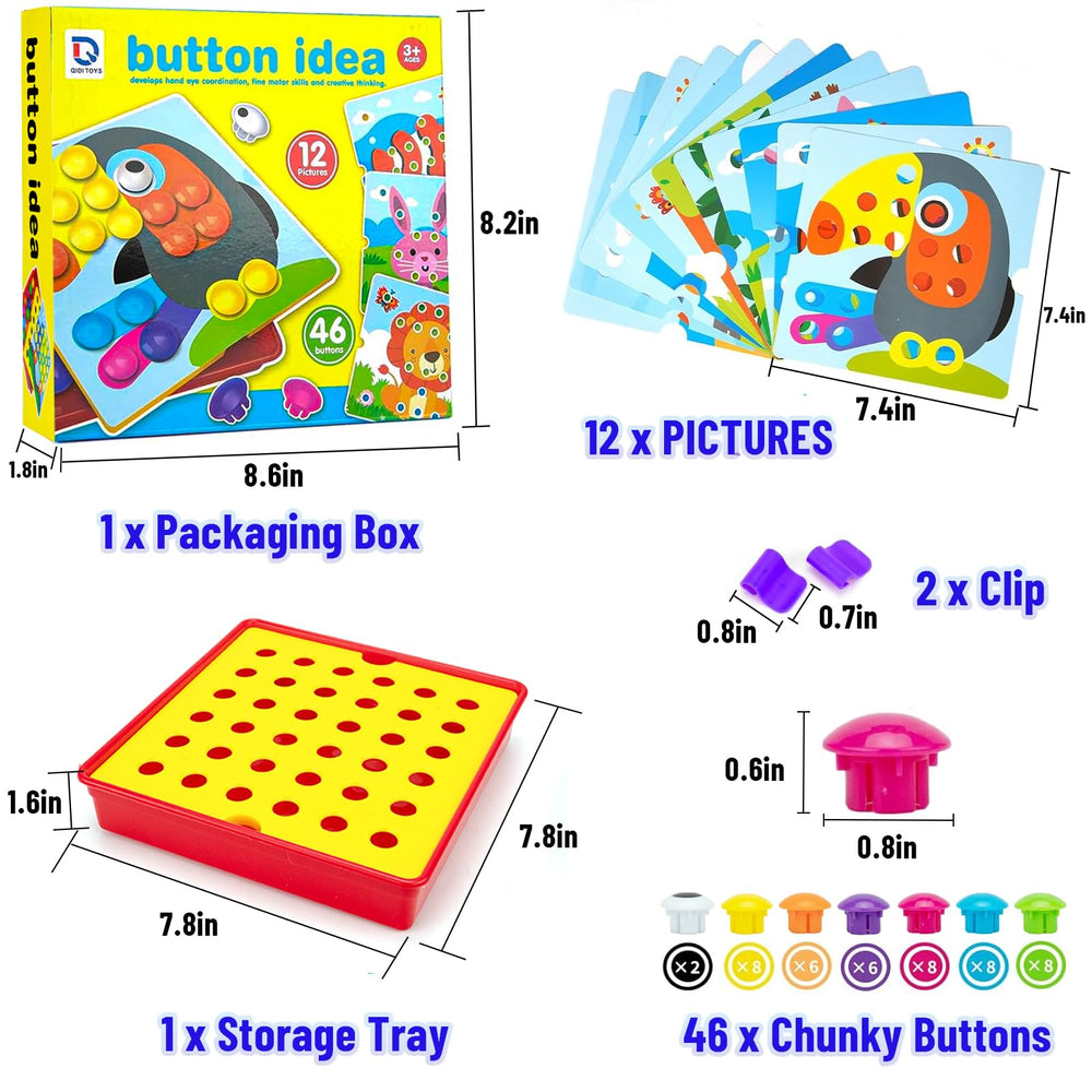AluAbi Button Art Toys easy-grip buttons support hand-eye coordination during play.